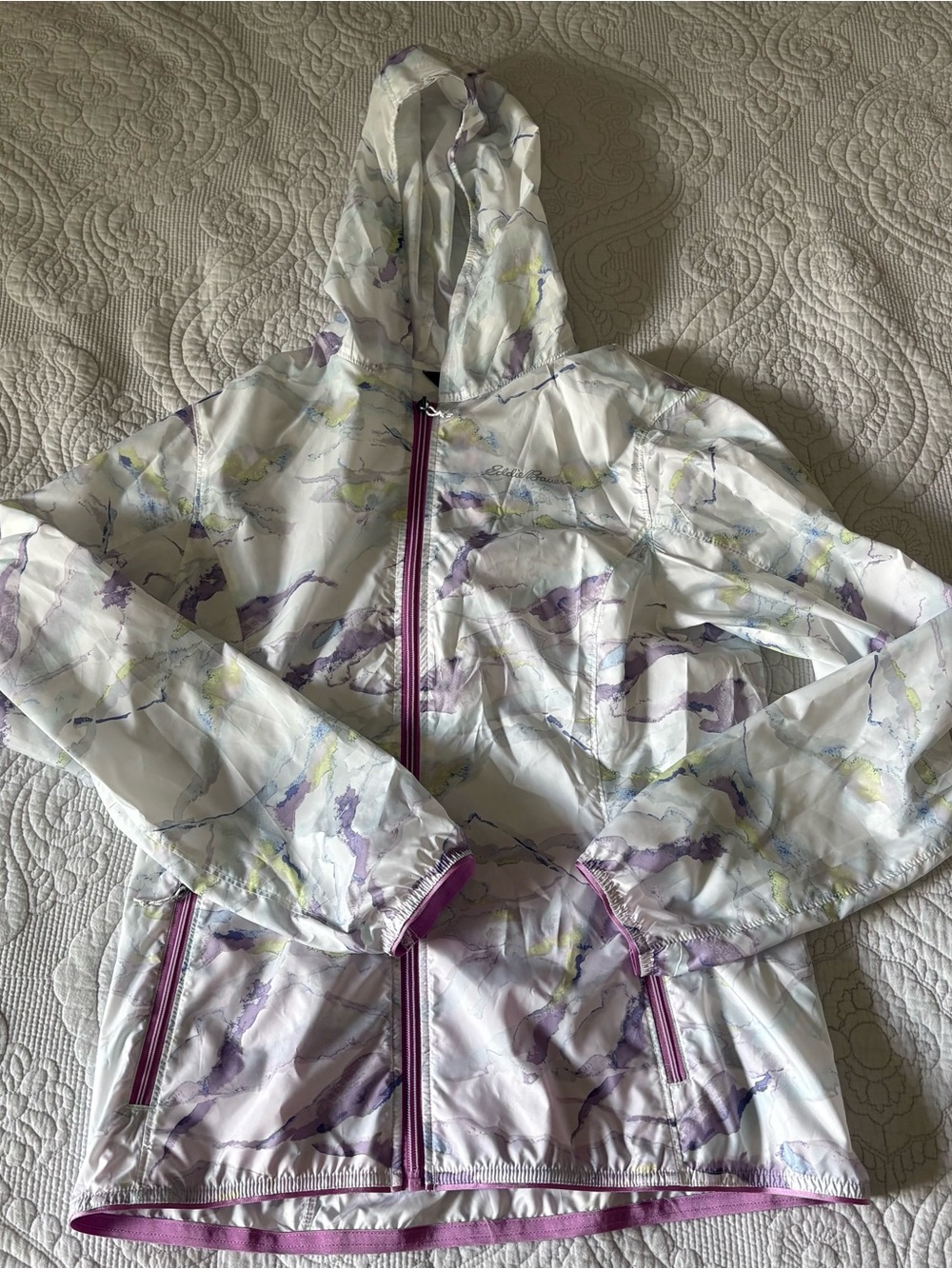 Eddie Bauer Hooded Lightweight Windbreaker Jacket - White with Purple Accents